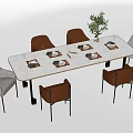 Modern Rectangular Dining Table Set With Brown Gray Chairs And Marble Top 3d model