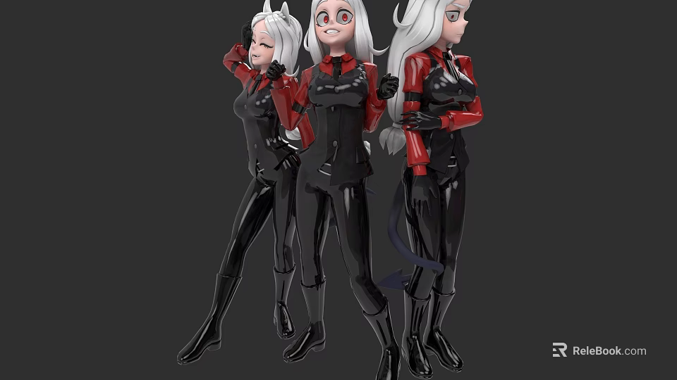 Three Fantasy Anime Characters With White Hair In Black Red Tight Fitting Outfits 3d model 