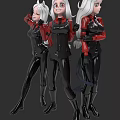 Three Fantasy Anime Characters With White Hair In Black Red Tight Fitting Outfits