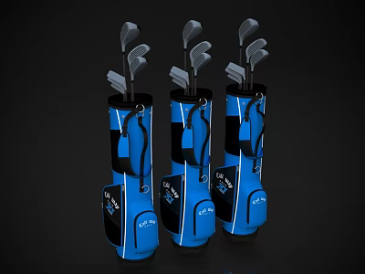 Three Blue Golf Bags With Clubs As Sports Equipment Display Set 3d model