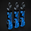 Three Blue Golf Bags With Clubs As Sports Equipment Display Set