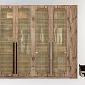 Wooden Wardrobe With Rattan Panel Doors Open Storage Shelves Decorative Items And Woven Basket