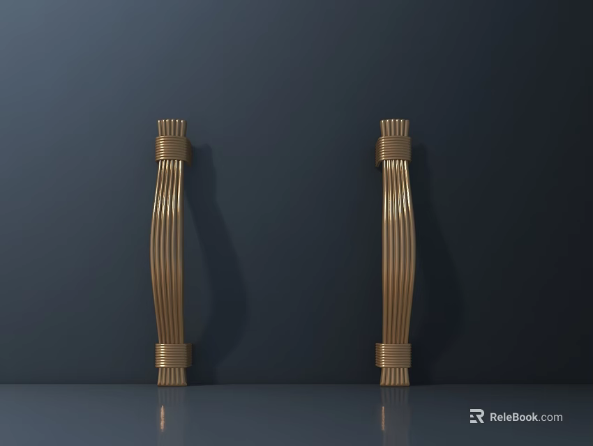 Decorative Golden Columns With Intricate Patterns On Dark Background And Reflective Floor 3d model 