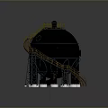 Black Spherical Industrial Structure With Yellow Staircase Platform And White Support Columns 3d model