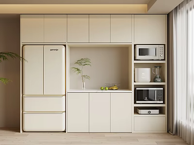 Modern White Storage Cabinet Shelves in Kitchen Interior With Microwave Blender Fruits And Potted Plant 3d model