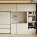 Modern White Storage Cabinet Shelves in Kitchen Interior With Microwave Blender Fruits And Potted Plant