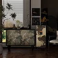 Elegant Modern Chinese Cabinet With Intricate Floral Design In Living Room And Decorative Plants