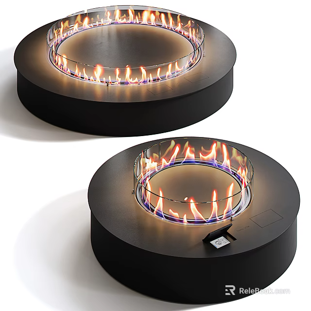 Modern Circular Fireplace Design With Open Flames And Black Base Interior 3d model 
