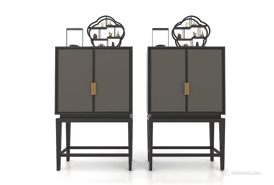 Modern Entryway Side Cabinet Double Door Storage Black Finish Gold Handles Decorative Top 3d model 