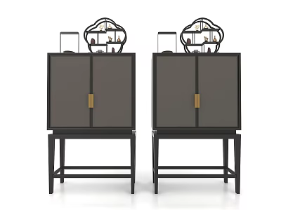 Modern Entryway Side Cabinet Double Door Storage Black Finish Gold Handles Decorative Top 3d model