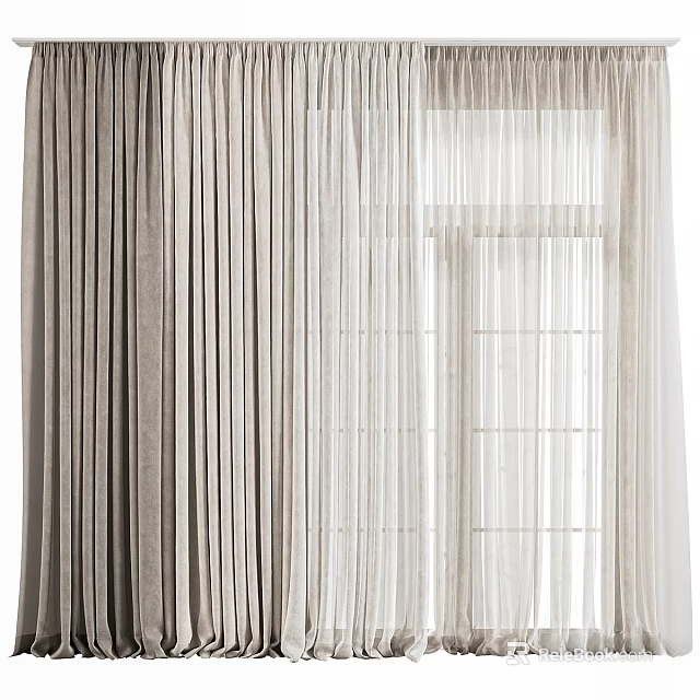 Elegant Neutral Toned Curtain Design With Sheer And Textured Layers For Home Windows 3d model 