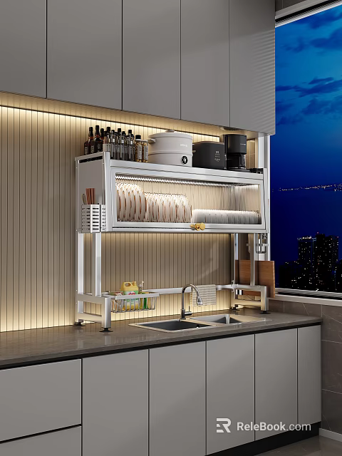 Stylish Kitchen Shelf With Illuminated Dinnerware Set Plates Bowls And Utensils 3d model 