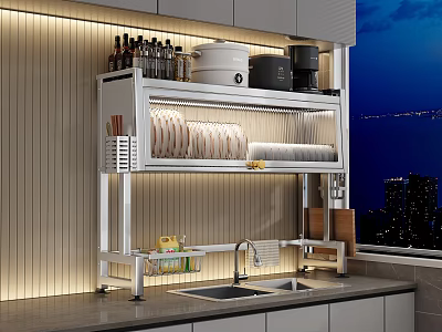 Stylish Kitchen Shelf With Illuminated Dinnerware Set Plates Bowls And Utensils 3d model