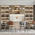 Modern Dining Table Set With Chairs Wine Cabinets And Pendant Lights 3d model
