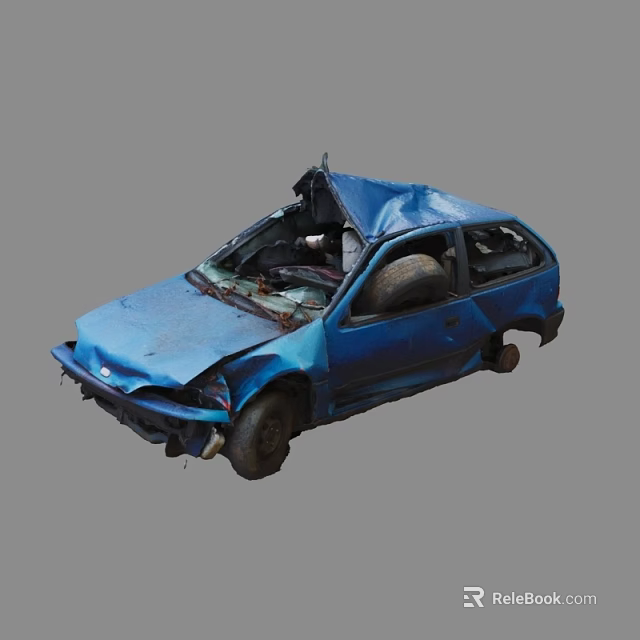 Blue Damaged Car Wreck With Broken Front Body And Open Roof 3d model