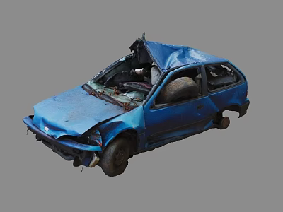 Blue Damaged Car Wreck With Broken Front Body And Open Roof 3d model