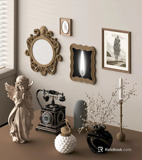Home Decor Ornament Set with Vintage Telephone Angel Statue Mirror Picture Frame Dried Flowers 3d model 