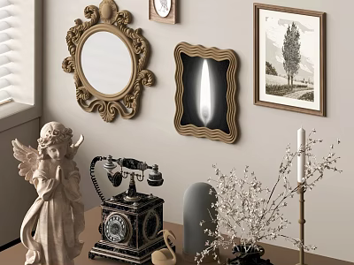 Home Decor Ornament Set with Vintage Telephone Angel Statue Mirror Picture Frame Dried Flowers 3d model