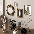 Home Decor Ornament Set with Vintage Telephone Angel Statue Mirror Picture Frame Dried Flowers