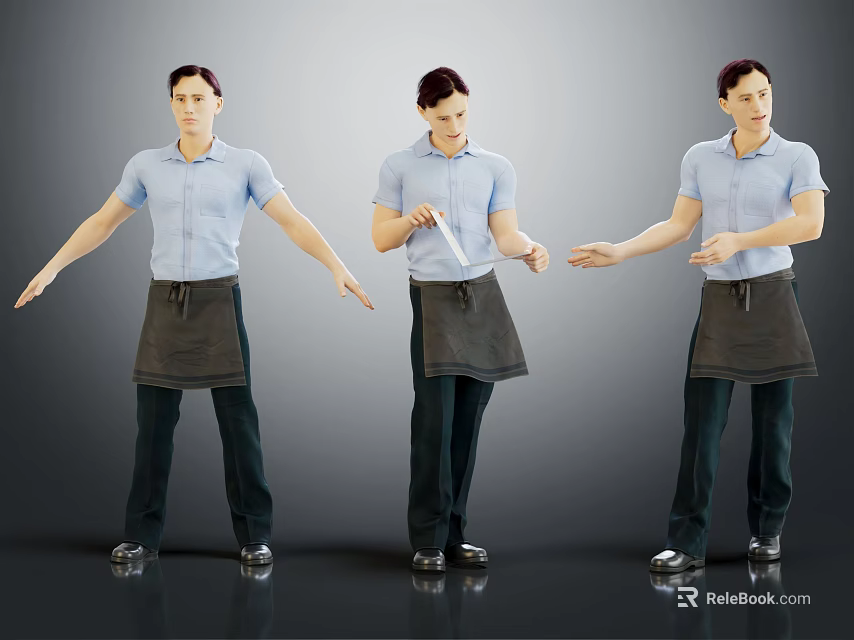 Three Male Characters In Blue Shirts Gray Aprons With Different Standing Poses Against Gray Background 3d model 