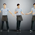 Three Male Characters In Blue Shirts Gray Aprons With Different Standing Poses Against Gray Background 3d model