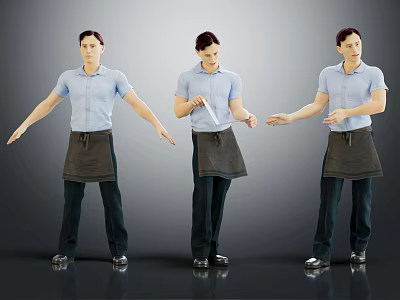 Three Male Characters In Blue Shirts Gray Aprons With Different Standing Poses Against Gray Background 3d model