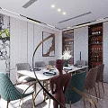 Modern Living Dining Room With Dining Table Colorful Chairs Artwork And Patterned Wall