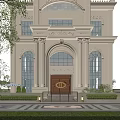 White Classical Style Detached Villa With Arched Entrance Front Lawn And Trees