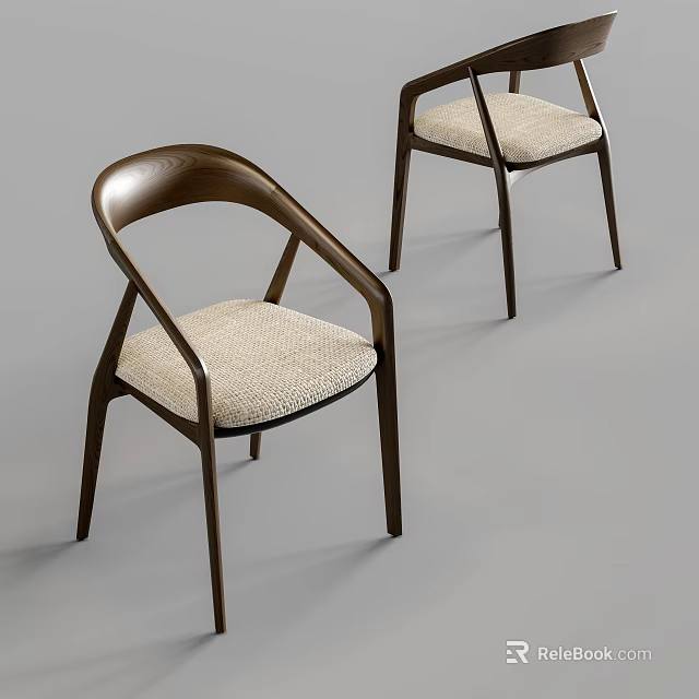 Modern Single Chair With Wooden Frame Curved Backrest And Light Fabric Seat 3d model 