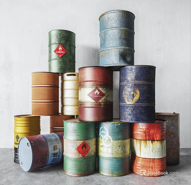 Stacked Industrial Drums in Various Colors with Hazard Symbols and Logos 3d model 