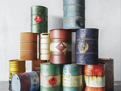 Stacked Industrial Drums in Various Colors with Hazard Symbols and Logos 3d model