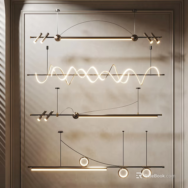 Elegant Modern Chandelier Design With Linear Curved Lines Soft Warm Lighting And Metal Frame 3d model 