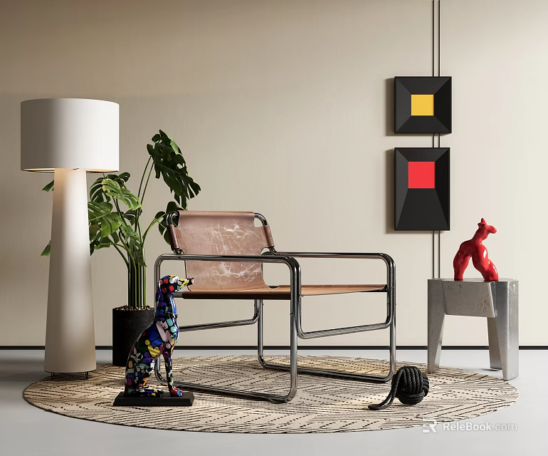 Stylish Leather Leisure Chair With Metal Frame Green Plant Floor Lamp And Wall Art On Rug 3d model 