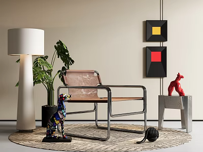 Stylish Leather Leisure Chair With Metal Frame Green Plant Floor Lamp And Wall Art On Rug 3d model