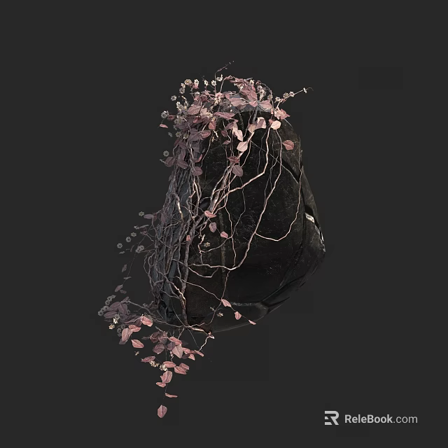 Delicate Pink Vines and Leaves Twisted Around a Black Stone 3d model 