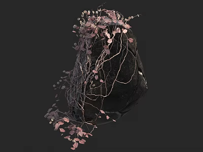 Delicate Pink Vines and Leaves Twisted Around a Black Stone 3d model