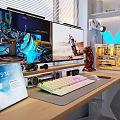 Modern Study Room Interior With Wooden Desk Dual Monitors Ergonomic Chair And RGB Keyboard