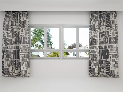Black And White Text Print Curtains For Double Window With Green Outdoor View 3d model