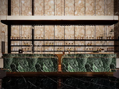 Elegant Bar Counter With Green Marble Top Gold Accents Wine Rack And Marble Wall 3d model