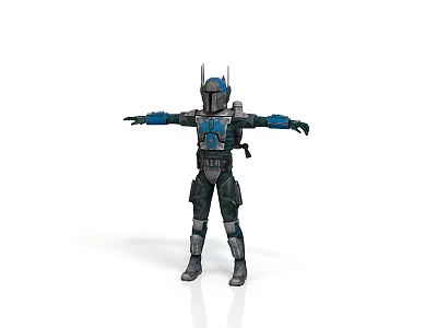 3D Sci Fi Character Model In Blue Black Armor With Horned Helmet And Extended Arms 3d model