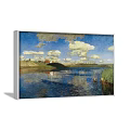 Landscape Painting With Blue Sky White Clouds Calm Water And Red Roofed Houses