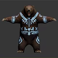Brown Bear Statue With Blue Geometric Patterns And Outstretched Arms