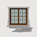 Carved Window with Stone Frame Against Blue Sky and Green Mountain Landscape