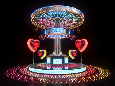 Carousel Art Installation Featuring Neon Lights Heart Shaped Decorations PASSION Signage Colorful Light Rings 3d model