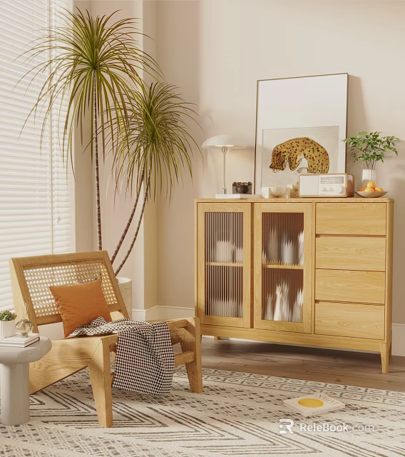 Cozy Living Room With Rattan Chair Plants And Wooden Cabinet 3d model 