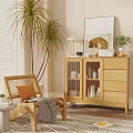 Cozy Living Room With Rattan Chair Plants And Wooden Cabinet