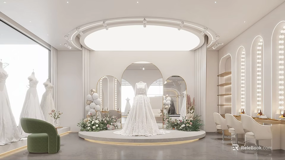 Bridal Shop Interior Showcasing Circular Platform White Wedding Dress Mirrors Balloons And Green Sofa 3d model 