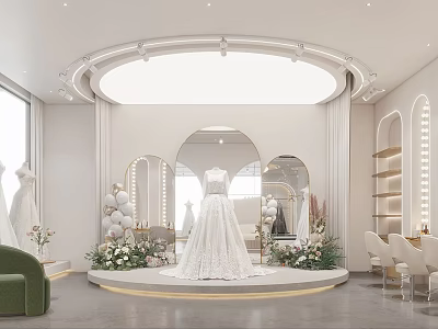 Bridal Shop Interior Showcasing Circular Platform White Wedding Dress Mirrors Balloons And Green Sofa 3d model