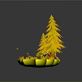 Miniature Nature Scene With Green Pine Trees Grass Red Mushrooms Flowers Birds And Butterflies