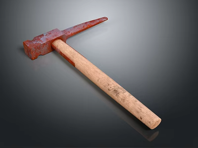 Vintage Hardware Tool Hammer With Red Metal Head And Wooden Handle 3d model
